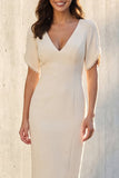 V-Neck Ivory Short Sleeves Short Bodycon Work Dress
