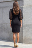 Black Shawl Lapel Ruched 3/4 Sleeves Short Bodycon Work Dress