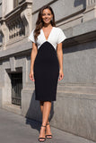 Black and White V-Neck Color Block Patchwork Short Sleeves Midi Bodycon Work Dress