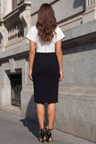 Black and White V-Neck Color Block Patchwork Short Sleeves Midi Bodycon Work Dress