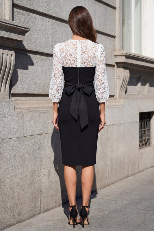 Round Neck Floral Black and White 3/4 Sleeves Midi Bodycon Work Dress with Lace