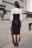 Round Neck Floral Black and White 3/4 Sleeves Midi Bodycon Work Dress with Lace