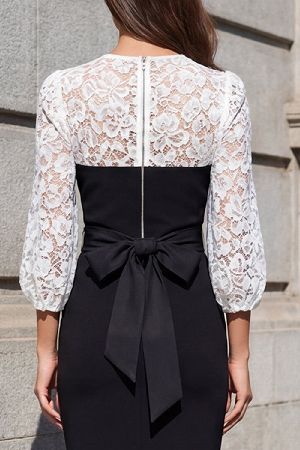 Round Neck Floral Black and White 3/4 Sleeves Midi Bodycon Work Dress with Lace