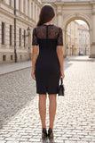 Floral V-Neck Black Short Sleeves Short Bodycon Work Dress with Lace