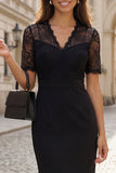 Floral V-Neck Black Short Sleeves Short Bodycon Work Dress with Lace