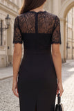 Floral V-Neck Black Short Sleeves Short Bodycon Work Dress with Lace