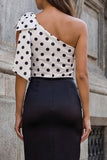One Shoulder Polka Dots Black and White Bodycon Midi Work Dress with Bow