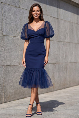 Mermaid V-Neck Navy Puff Sleeves Midi Work Dress