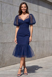 Mermaid V-Neck Navy Puff Sleeves Midi Work Dress