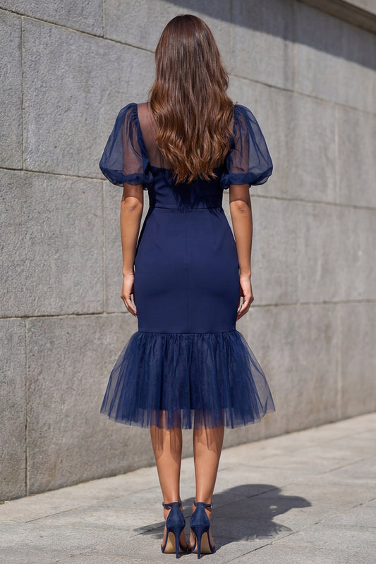 Mermaid V-Neck Navy Puff Sleeves Midi Work Dress