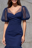 Mermaid V-Neck Navy Puff Sleeves Midi Work Dress
