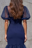 Mermaid V-Neck Navy Puff Sleeves Midi Work Dress