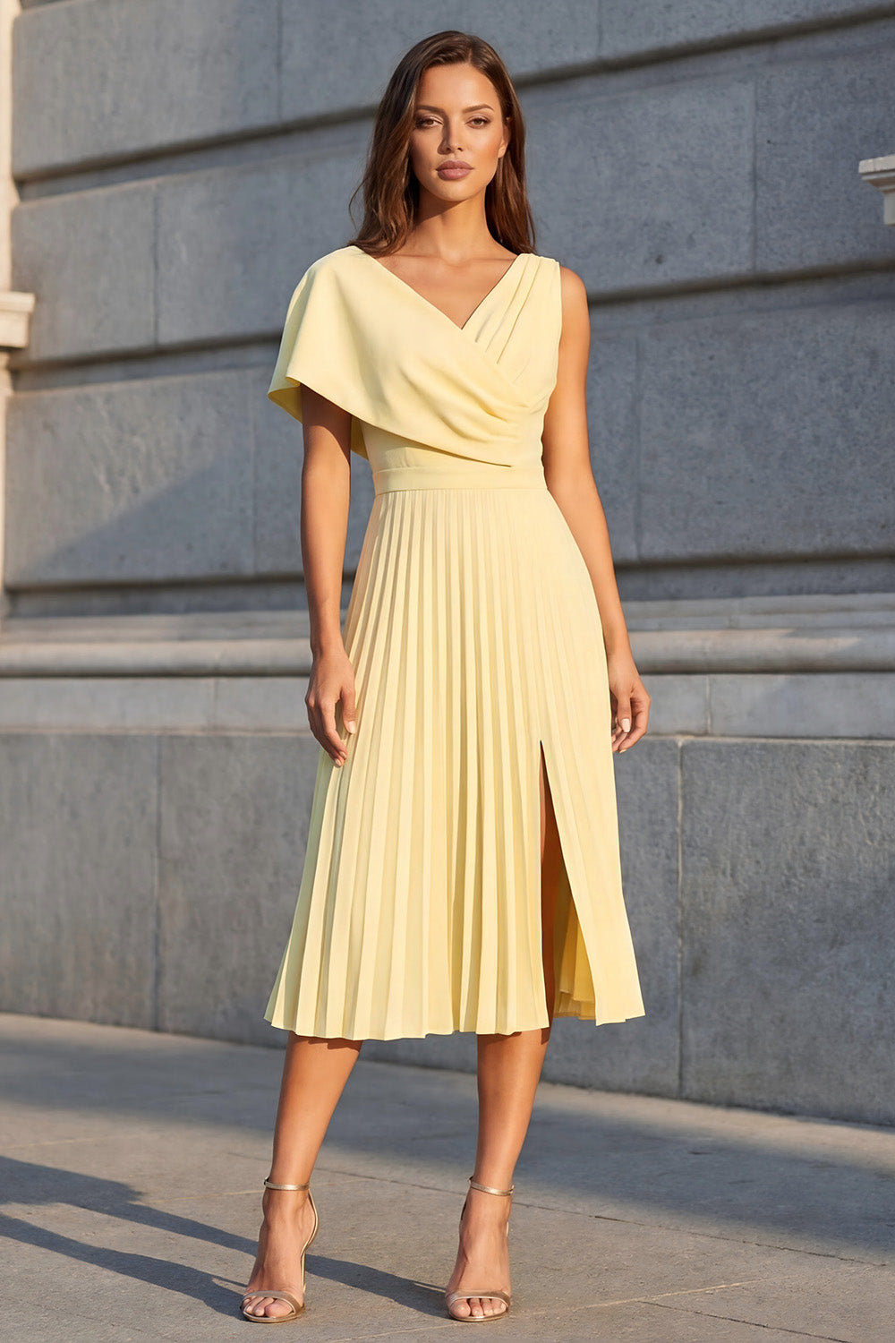 A Line Pleated V-Neck Butter Yellow Ruched Midi Work Dress with Slit