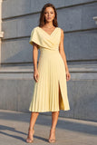 A Line Pleated V-Neck Butter Yellow Ruched Midi Work Dress with Slit