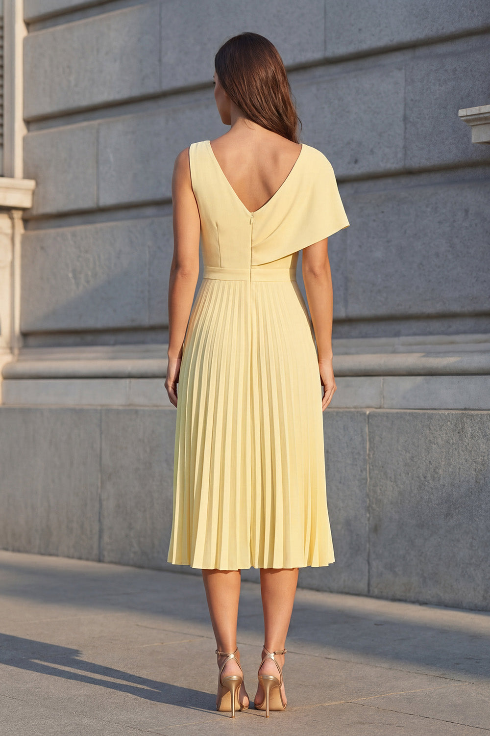 A Line Pleated V-Neck Butter Yellow Ruched Midi Work Dress with Slit