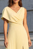 A Line Pleated V-Neck Butter Yellow Ruched Midi Work Dress with Slit