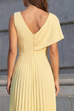 A Line Pleated V-Neck Butter Yellow Ruched Midi Work Dress with Slit
