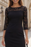 Boat Neck Black 3/4 Sleeves Short Work Dress with Lace