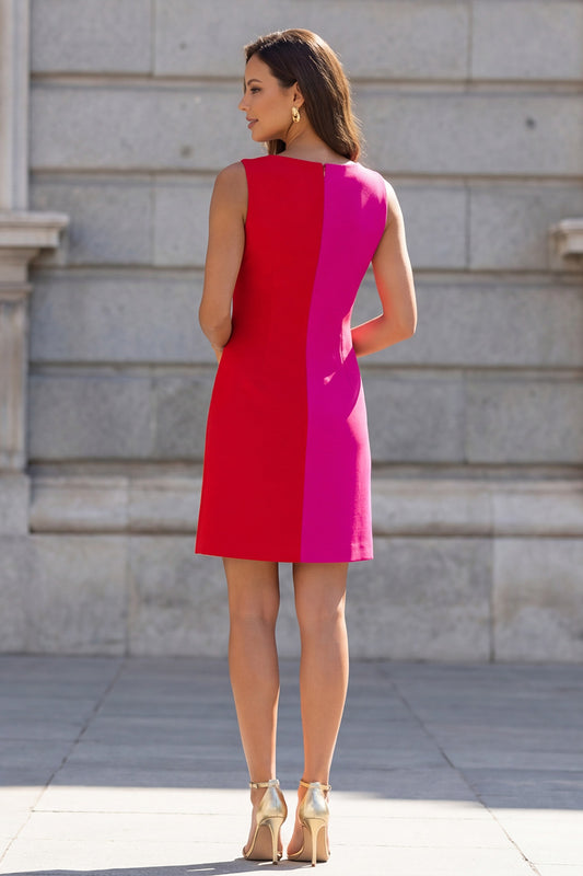 Fuchsia and Red Boat Neck Color Block Patchwork Short Slim Fit Work Dress