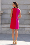 Fuchsia and Red Boat Neck Color Block Patchwork Short Slim Fit Work Dress