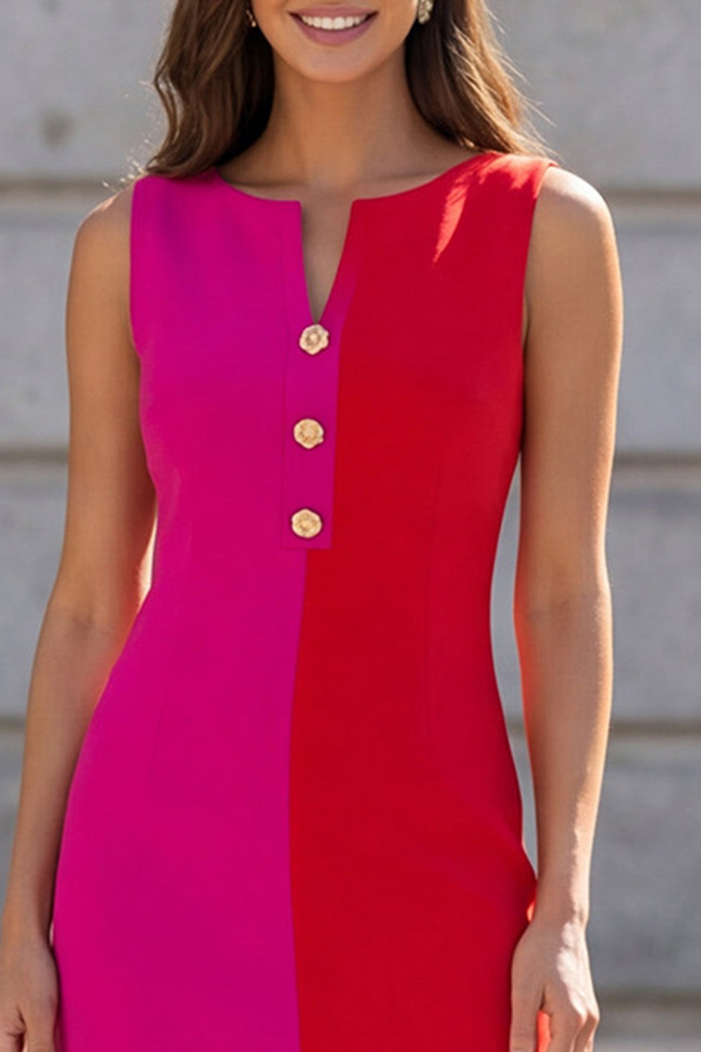 Fuchsia and Red Boat Neck Color Block Patchwork Short Slim Fit Work Dress