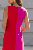 Fuchsia and Red Boat Neck Color Block Patchwork Short Slim Fit Work Dress