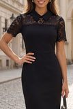 Floral Black Short Sleeves Short Work Dress with Lace