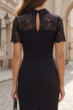 Floral Black Short Sleeves Short Work Dress with Lace