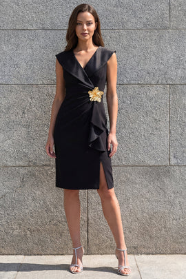 Shawl Lapel Ruched Black Short Ruffled Work Dress with 3D Flower