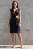 Shawl Lapel Ruched Black Short Ruffled Work Dress with 3D Flower
