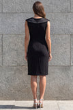 Shawl Lapel Ruched Black Short Ruffled Work Dress with 3D Flower
