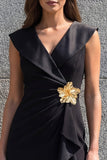 Shawl Lapel Ruched Black Short Ruffled Work Dress with 3D Flower