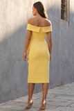 Off the Shoulder Ruched Butter Yellow Midi Ruffled Work Dress with Slit