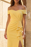 Off the Shoulder Ruched Butter Yellow Midi Ruffled Work Dress with Slit