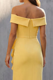 Off the Shoulder Ruched Butter Yellow Midi Ruffled Work Dress with Slit