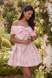 Pink A Line Short Floral Off the Shoulder Wedding Guest Dress with Bow
