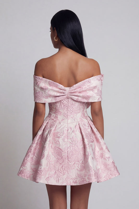Pink A Line Short Floral Off the Shoulder Wedding Guest Dress with Bow