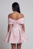 Pink A Line Short Floral Off the Shoulder Wedding Guest Dress with Bow