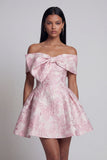 Pink A Line Short Floral Off the Shoulder Wedding Guest Dress with Bow