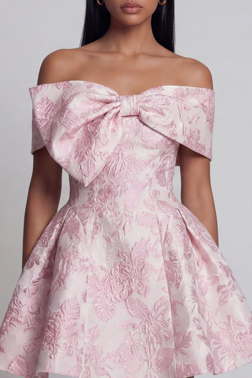 Pink A Line Short Floral Off the Shoulder Wedding Guest Dress with Bow