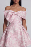 Pink A Line Short Floral Off the Shoulder Wedding Guest Dress with Bow
