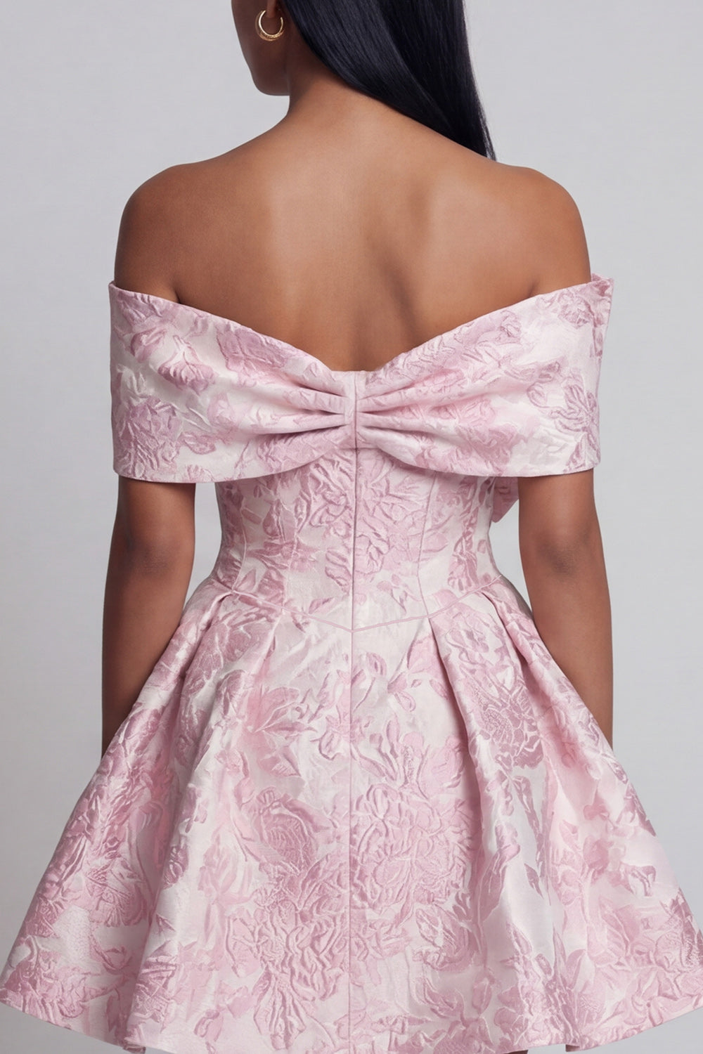 Pink A Line Short Floral Off the Shoulder Wedding Guest Dress with Bow