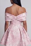 Pink A Line Short Floral Off the Shoulder Wedding Guest Dress with Bow