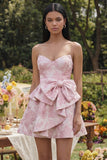 Ruffled Strapless Pink A Line Short Floral Corset Wedding Guest Dress with Bow