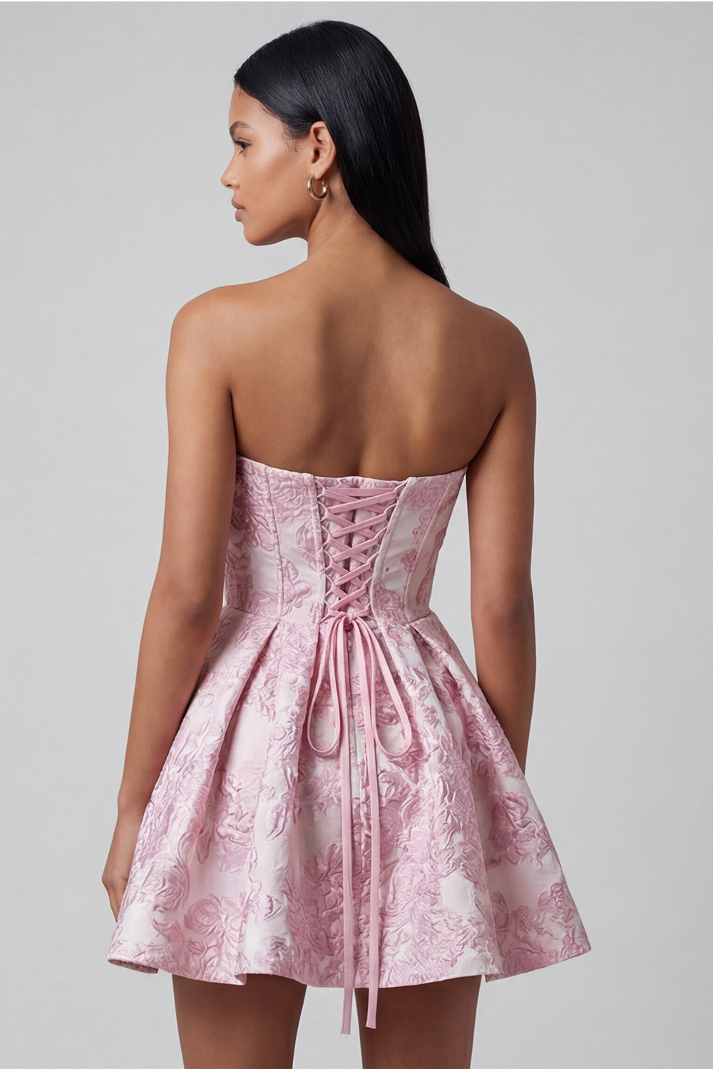 Ruffled Strapless Pink A Line Short Floral Corset Wedding Guest Dress with Bow