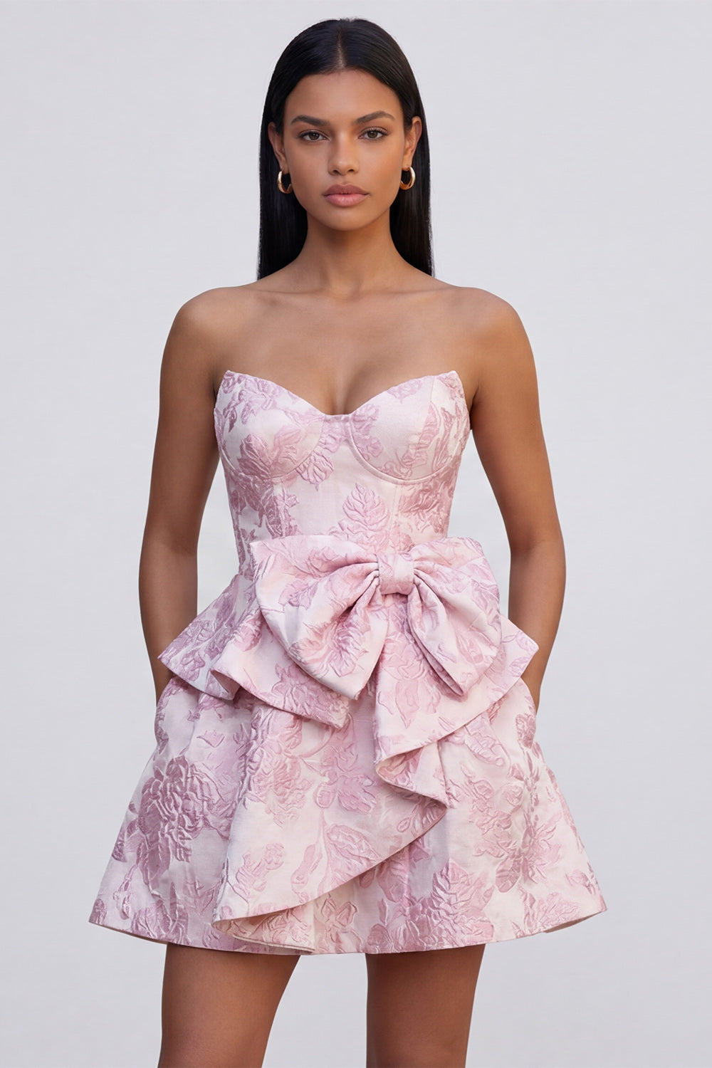 Ruffled Strapless Pink A Line Short Floral Corset Wedding Guest Dress with Bow