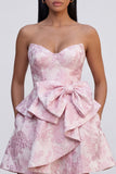 Ruffled Strapless Pink A Line Short Floral Corset Wedding Guest Dress with Bow