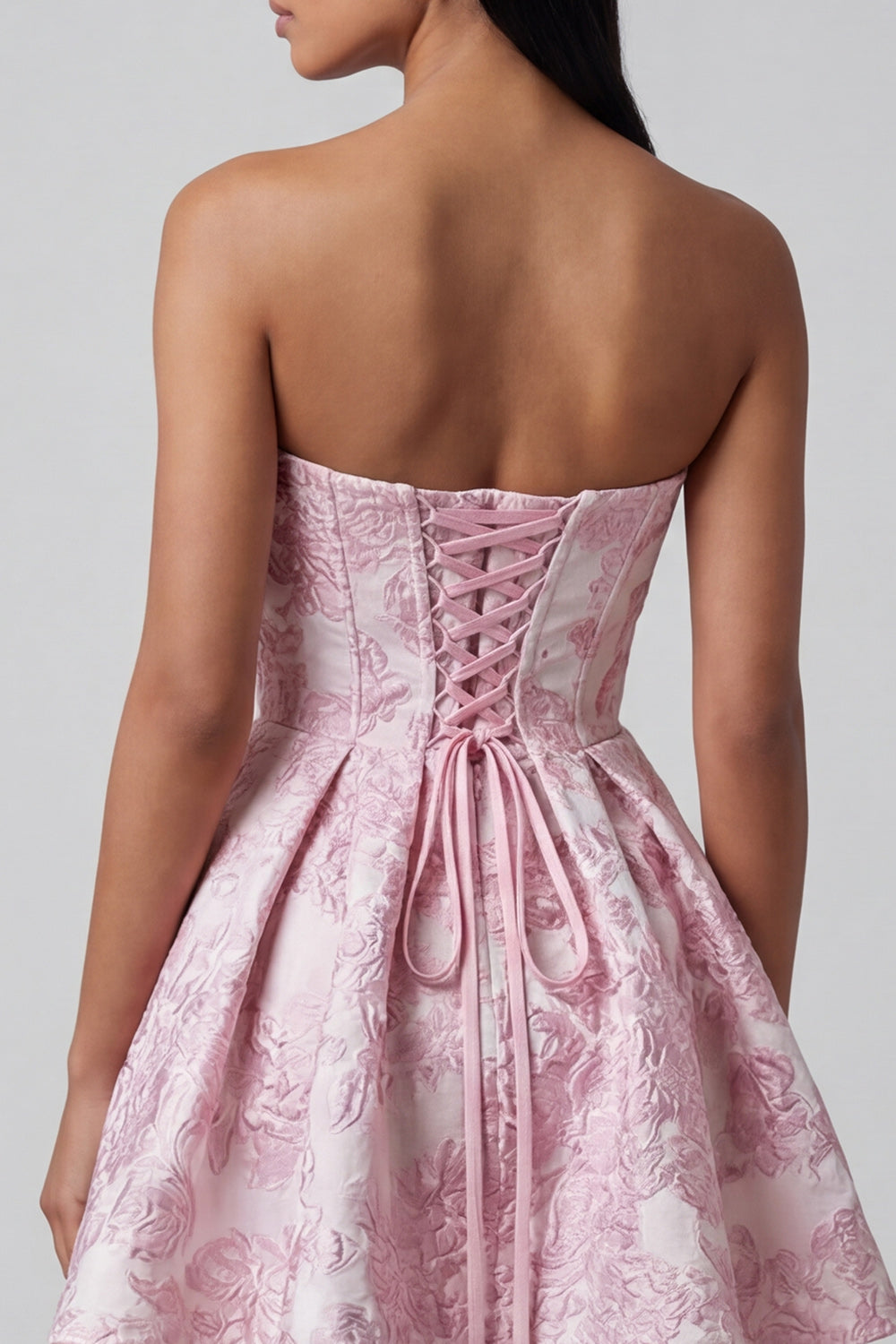 Ruffled Strapless Pink A Line Short Floral Corset Wedding Guest Dress with Bow
