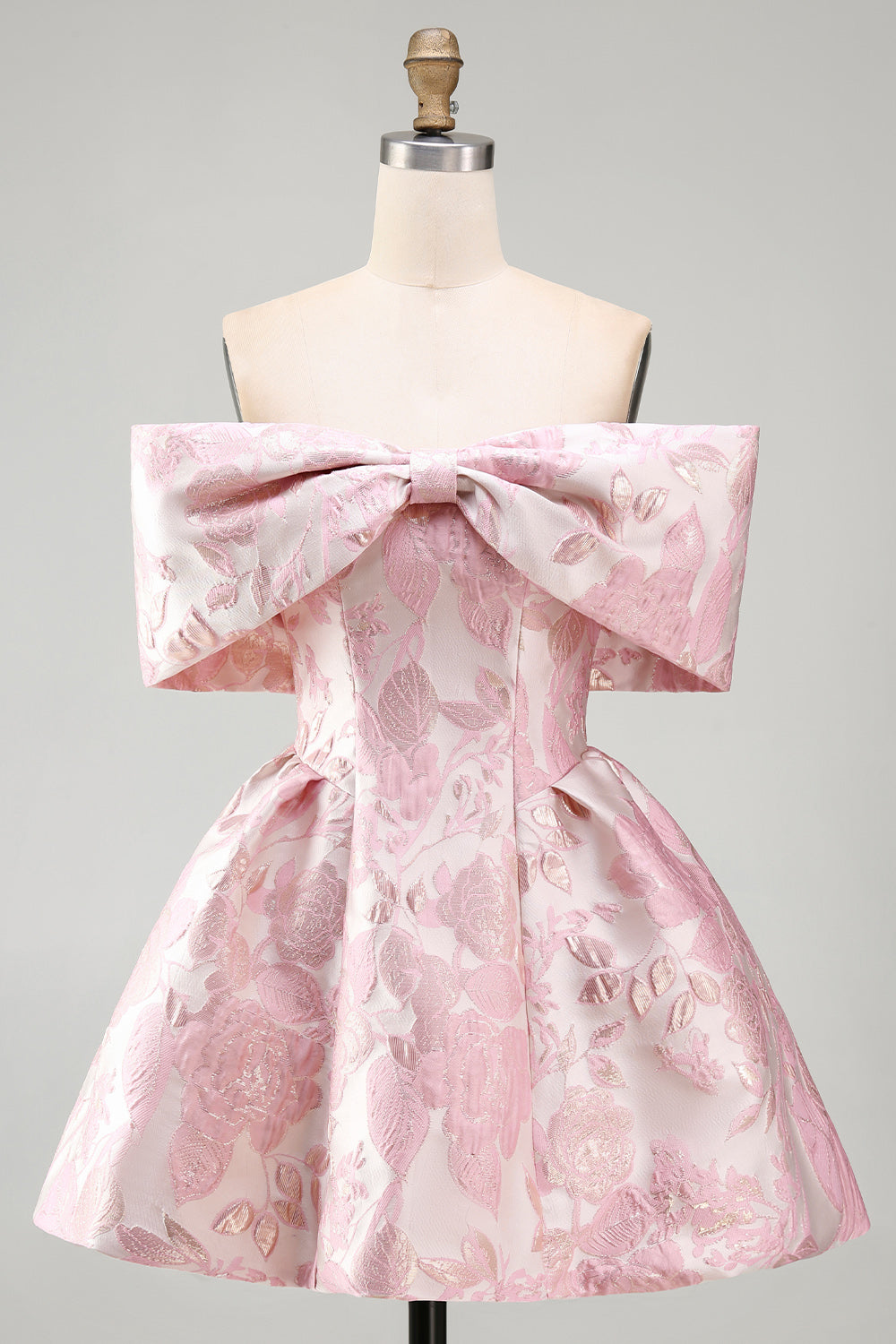 A Line Short Floral Off the Shoulder Pink Wedding Guest Dress with Bow