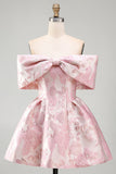 A Line Short Floral Off the Shoulder Pink Wedding Guest Dress with Bow